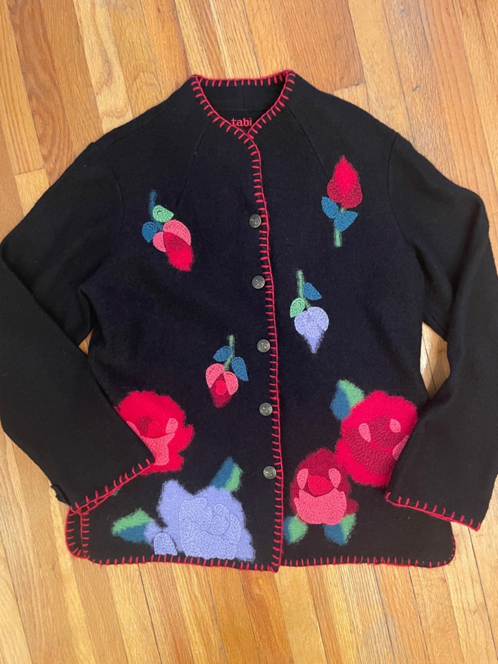 TABI Vintage Wool Black Embroidered Floral Cottagecore Cardigan Sweater Jacket